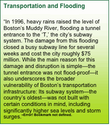 Text Box: Transportation and Flooding  “In 1996, heavy rains raised the level of Boston’s Muddy River, flooding a tunnel entrance to the ‘T,’ the city’s subway system. The damage from this flooding closed a busy subway line for several weeks and cost the city roughly $75 million. While the main reason for this damage and disruption is simple—the tunnel entrance was not flood-proof—it also underscores the broader vulnerability of Boston’s transportation infrastructure: Its subway system—the country’s oldest—was not built with certain conditions in mind, including significantly higher sea levels and storm surges.”4  